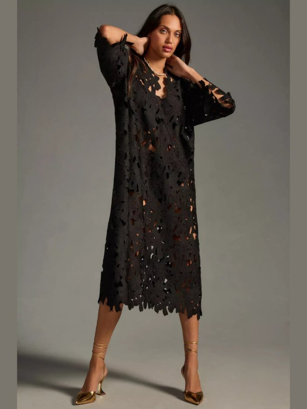 Anthropologie x Colorbrook Black Floral Eyelet Kaftan